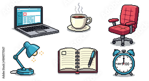 Set of pixel art office equipment icons including a laptop, coffee, chair, lamp, notebook, and clock, rendered in a retro 8-bit video game style for business concepts