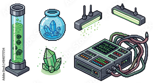 Set of pixel art science fiction laboratory equipment including a control console, glowing crystals, and a specimen container, rendered in a detailed isometric 8-bit video game style