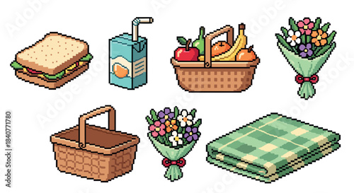Pixel art set of picnic items including a sandwich, fruit basket, juice, flowers, and a plaid blanket in a retro 8-bit video game style