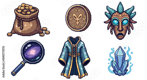 Pixelated fantasy game assets icon set featuring a sack of gold, an ancient coin, a tribal mask, a cosmic magnifying glass, a wizard robe, and a magic crystal for an RPG