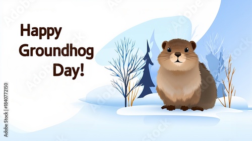 Happy Groundhog Day Greeting with Cartoon Trees and Character – Great for Social Media and Seasonal Graphics