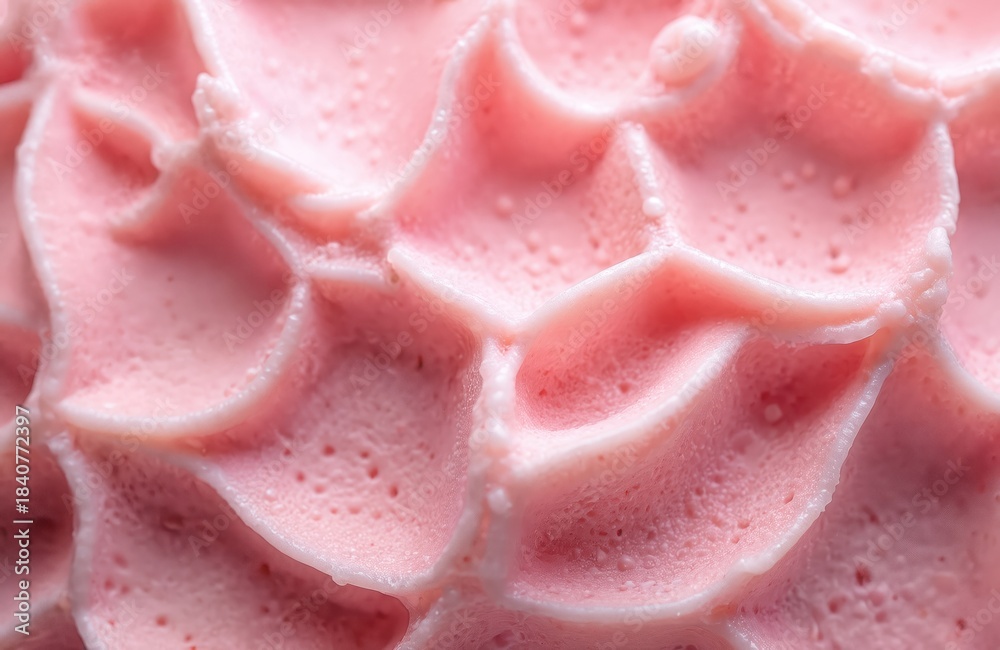 Fototapeta premium Abstract macro shot of light pink frosted swirls. Creamy dessert texture with small air bubbles. Sweet food background with wavy lines and soft shadows.
