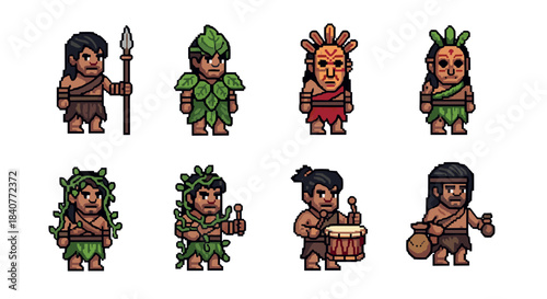 Pixel art set of eight tribal characters for a video game, featuring warriors, shamans, and musicians with primitive weapons, masks, and leaf clothing in a retro 8-bit style