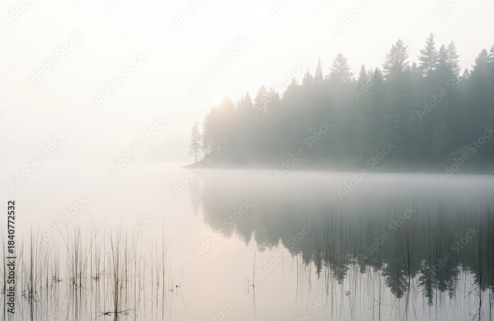 Fototapeta premium Misty forest lake with calm water and reeds reflects trees. Foggy atmosphere over water surface at sunrise. Serene nature scene in Sweden creates peaceful mood.
