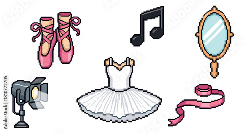 Pixel art collection of ballet items including a white tutu, pink pointe shoes, a mirror, and a stage light in a retro 8-bit video game style illustration set