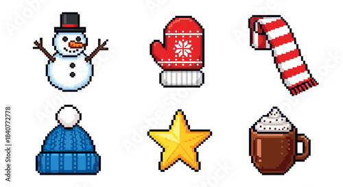 Pixel art winter Christmas icon set featuring a snowman, mitten, scarf, hat, star, and hot chocolate in a retro 8-bit video game style for festive holiday design