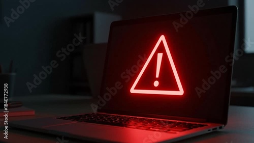 Cyber Threat Alert: A laptop displays a stark warning symbol, illuminated by an ominous red glow, signaling an impending security breach or system error.