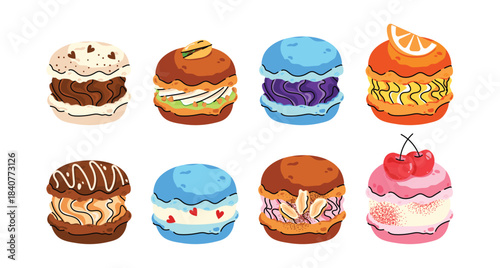 Vector set of colorful french macarons with different flavors. Sweet dessert collection with chocolate, berry, fruit and pistachio macarons, perfect for bakery design, packaging and food illustrations