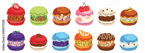 Vector set of colorful french macarons with different flavors. Sweet dessert collection with chocolate, berry, fruit and pistachio macarons, perfect for bakery design, packaging and food illustrations
