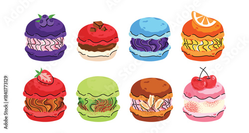 Vector set of colorful french macarons with different flavors. Sweet dessert collection with chocolate, berry, fruit and pistachio macarons, perfect for bakery design, packaging and food illustrations