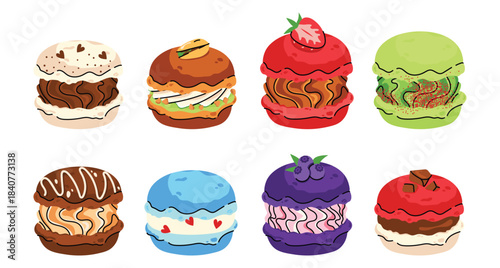 Vector set of colorful french macarons with different flavors. Sweet dessert collection with chocolate, berry, fruit and pistachio macarons, perfect for bakery design, packaging and food illustrations