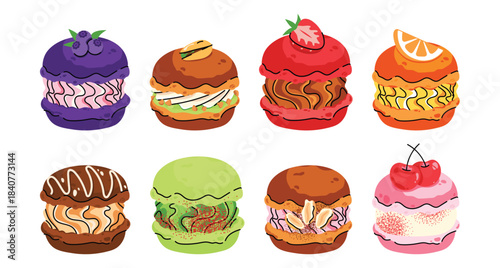 Vector set of colorful french macarons with different flavors. Sweet dessert collection with chocolate, berry, fruit and pistachio macarons, perfect for bakery design, packaging and food illustrations