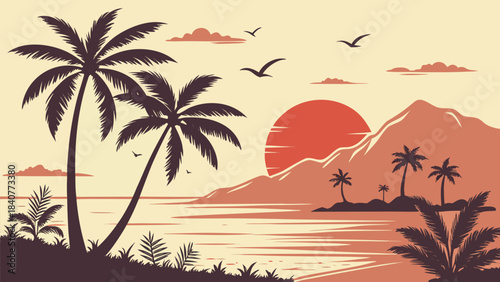 Tropical Beach Sunset Landscape Illustration