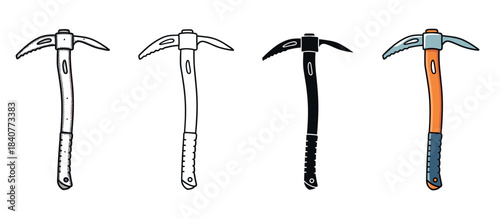 Set of four ice axe illustrations showing different styles including a detailed sketch, simple outline, black silhouette, and a full color cartoon drawing for mountaineering concepts