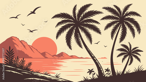 Tropical Beach Sunset Landscape Illustration