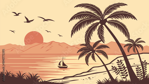Tropical Beach Sunset Landscape Illustration