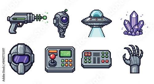 Collection of retro sci-fi pixel art icons including a laser gun, UFO, futuristic helmet, robotic hand, crystal, and control panel for a vintage video game