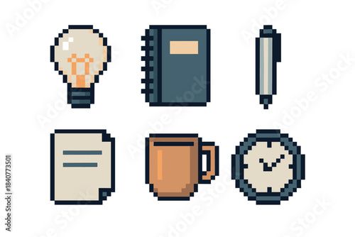 Set of six pixel art office icons including a lightbulb, notebook, pen, paper, mug, and clock in a retro 8-bit video game style illustration for business concepts