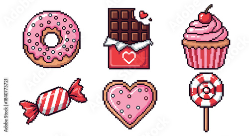 Collection of six pixel art sweets including a donut, chocolate, cupcake, candy, cookie, and lollipop in a cute retro 8-bit video game style for Valentine's Day