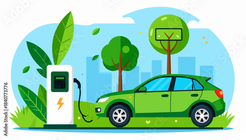 Green Electric Car Charging at EV Station in Eco-Friendly City Environment Illustration
