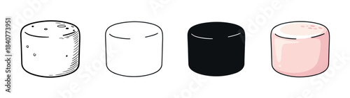 Four marshmallow illustrations in different graphic styles including a detailed sketch, simple outline, solid black silhouette, and a cute pink and white color version