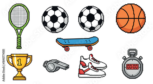 Collection of pixel art sports equipment icons including a tennis racket, soccer ball, basketball, and trophy in a retro 8-bit video game style illustration