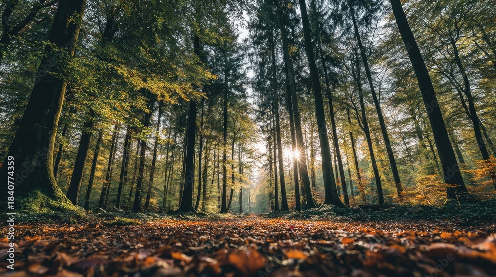 Obraz premium Lush forest landscape with sunlight through trees on autumn day