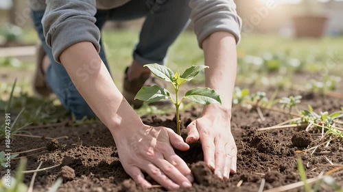 Close-Up of Hands Planting Young Seedling in Rich Soil in a Garden with Natural Light and Green Background