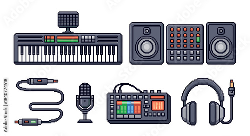 Collection of pixel art music production equipment including a synthesizer, speakers, microphone, and headphones in a retro 8-bit video game style icon set