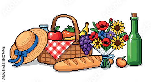 Pixel art illustration of a picnic basket with a straw hat, fresh fruit, baguette, wine, and a colorful bouquet of wildflowers in a charming retro 8-bit video game style
