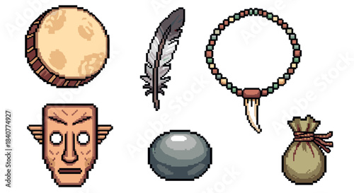 Set of tribal fantasy pixel art items including a wooden mask, drum, feather, beaded necklace, stone, and a small pouch, designed as retro 8-bit video game assets