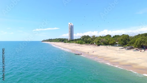 Aerial video taken with a drone on Santa Clara Beach on a sunny day with perfect weather next to the Pacific Ocean, in the province of Coclé, in Río Hato, Panama.	