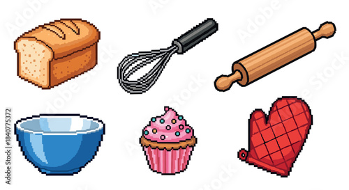 Six pixel art baking and cooking icons including a loaf of bread, whisk, rolling pin, bowl, cupcake, and oven mitt in a retro 8-bit video game style illustration set
