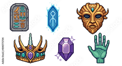 Collection of pixel art fantasy items including a golden crown, tribal mask, glowing rune, purple crystal, green hand, and stone tablet, designed as retro video game assets