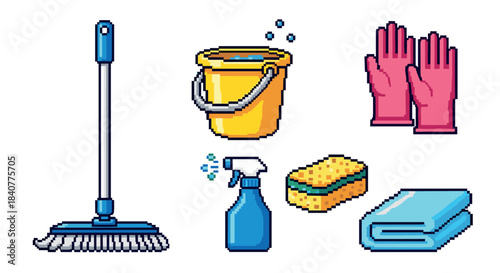 Pixel art set of colorful cleaning supplies including a mop, bucket, gloves, spray bottle, sponge, and cloth, rendered in a retro 8-bit video game style illustration
