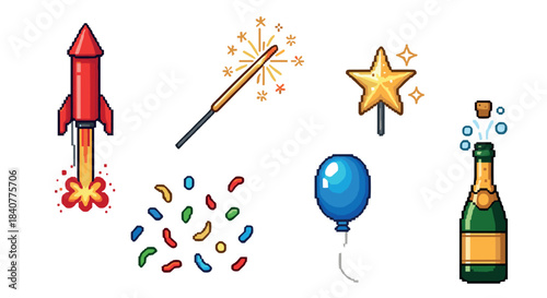 Collection of pixel art celebration icons including a firework rocket, sparkler, champagne, balloon, confetti, and star wand in a retro 8-bit video game style