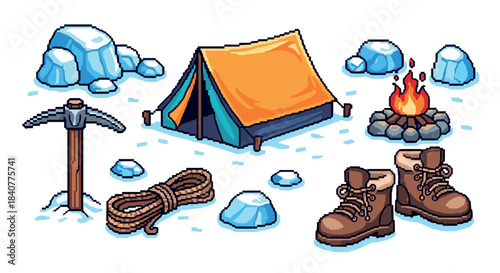Pixel art set of winter camping gear with a tent, campfire, pickaxe, rope, and boots for a mountain climbing adventure, illustrated in a retro 8-bit video game style