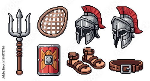 Pixelated ancient warrior armor and weapon set including a helmet, shield, trident, net, sandals, and belt in a retro 8-bit video game style illustration
