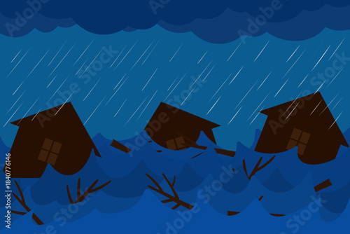 Vector illustration of severe flooding with houses submerged, high waves, heavy rain, and floating debris, depicting a dangerous natural disaster and extreme weather event