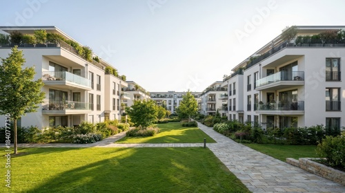 Modern apartment buildings with green spaces and a sunny atmosphere