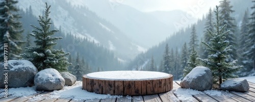 Rustic wooden podium covered in snow sits in a frosty forest with snow clad mountains. Evergreen trees and rocks create a winter scene. Ideal for product display.