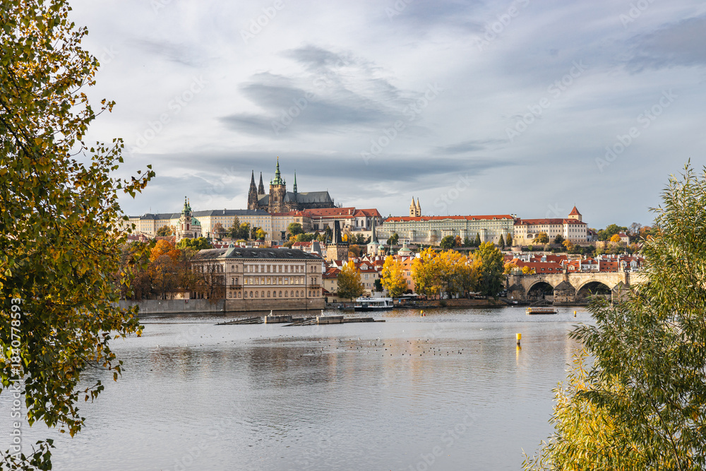 Fototapeta premium Riverside View Toward Prague Castle and Old Town in Czech Republic