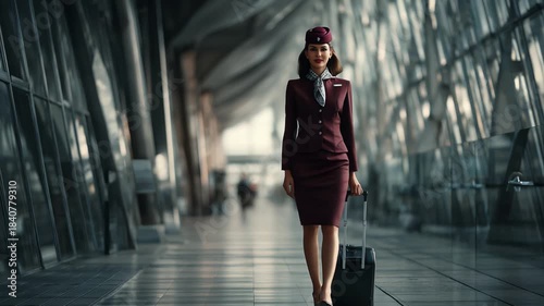 flyer on move, stewardess walking briskly in modern terminal corridor