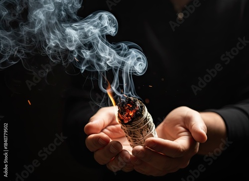 Person Holding Burning Sage Bundle With Wispy Smoke and Orange Flames Against Black Background in Soft Light