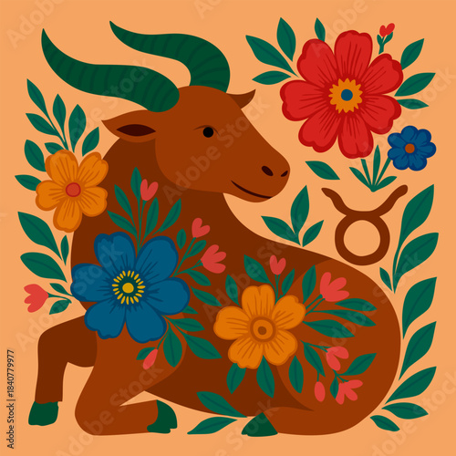 Taurus zodiac sign in boho style. Vector composition surrounded with flowers