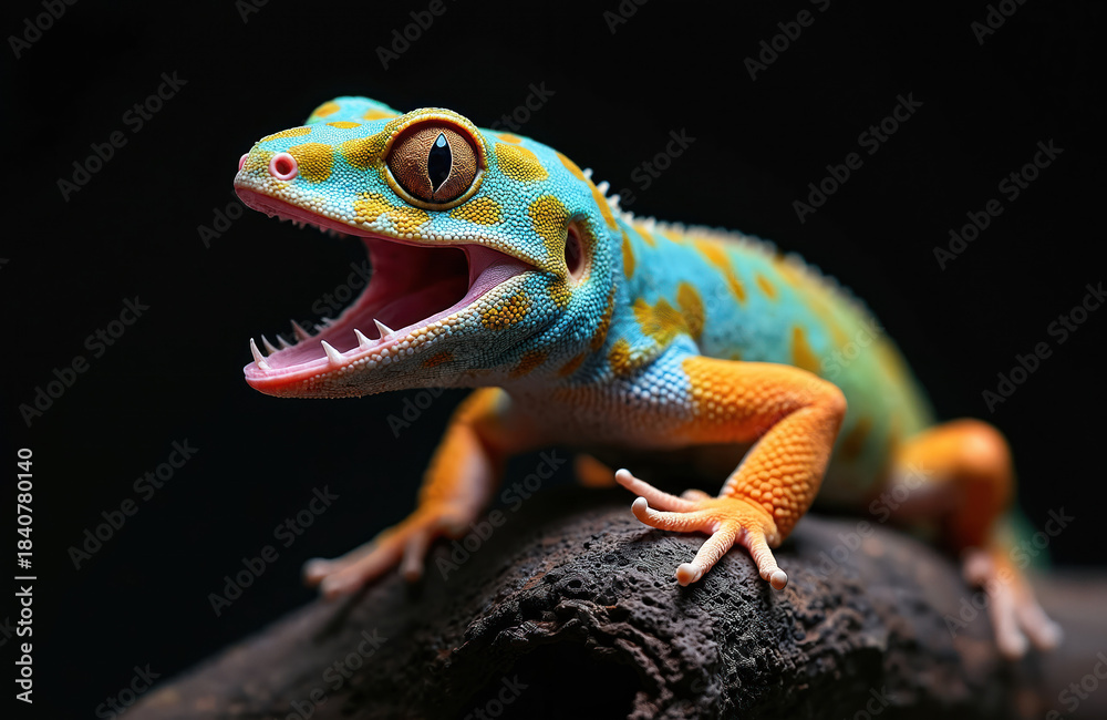 Fototapeta premium Tokay gecko opens mouth showing sharp teeth on dark background. Blue and yellow scaled reptile clings to wood branch. Closeup view of wild animal.