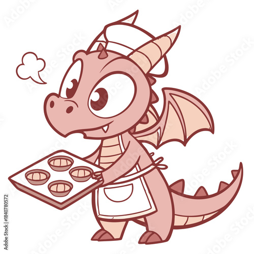 Cute cartoon dragon wearing an apron and baking muffins