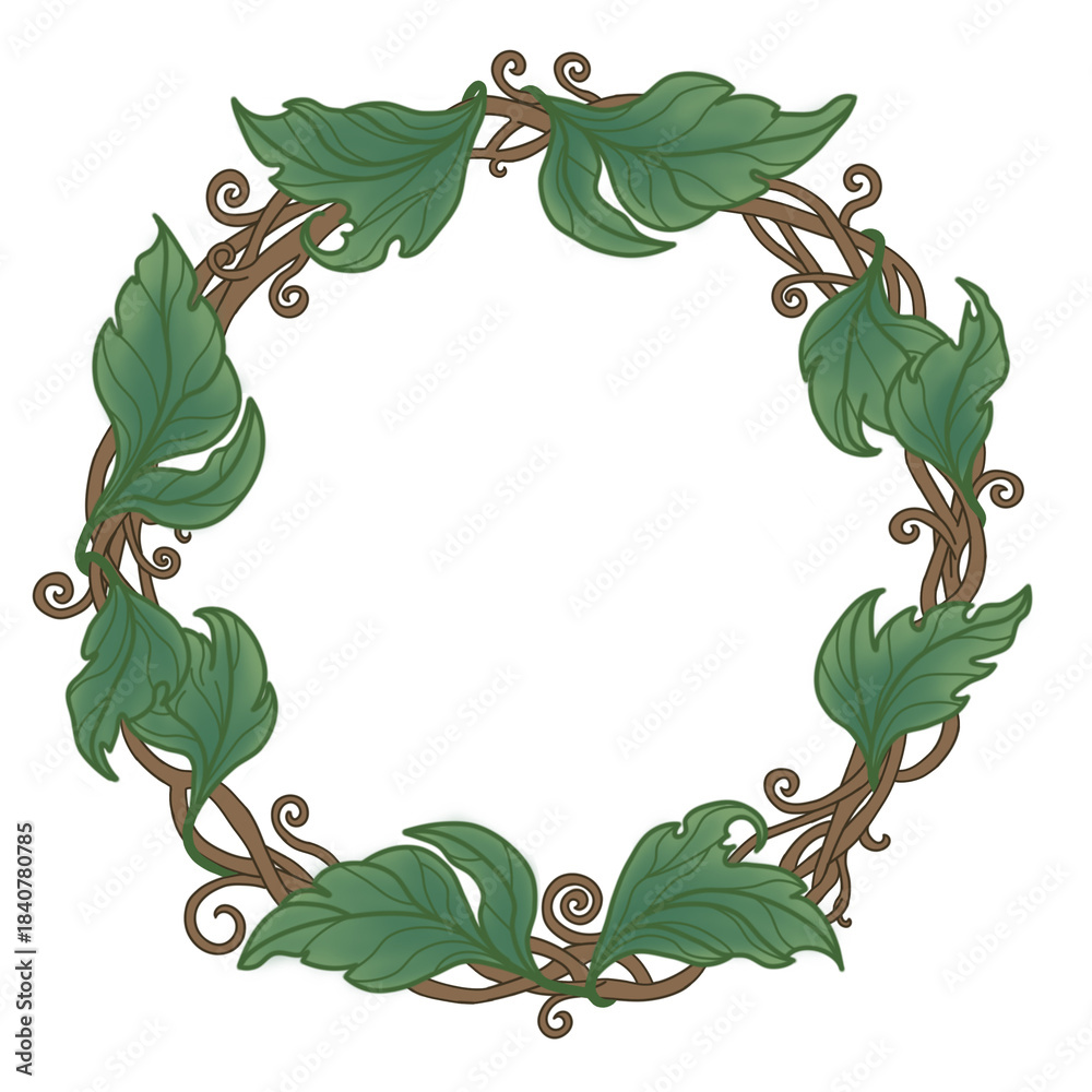 Naklejka premium A circular wreath or decorative frame made of intertwining brown vines and climbing leaves. 