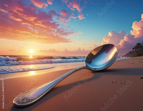 Shiny Silver Spoon Rests on Sandy Beach Shoreline During Golden Hour Sunset with Orange Pink Clouds and Gentle Waves on Tropical Island