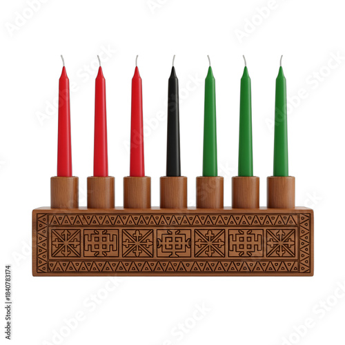 Wooden kinara with unlit candles and intricate Adinkra symbols on base, centered front view, isolated on transparent background. Ideal for Kwanzaa, cultural holiday designs, educational graphics,